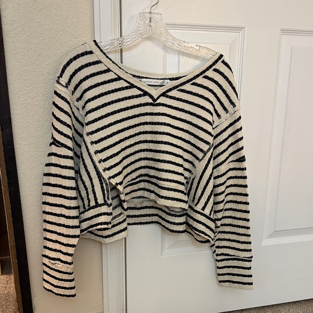 Altar'd State Black and Cream Striped V-Neck Sweater